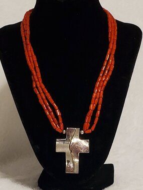 Jay King DTR .925 Silver Cross/Triple Strand Red Coral Beaded Necklace-Stunning!